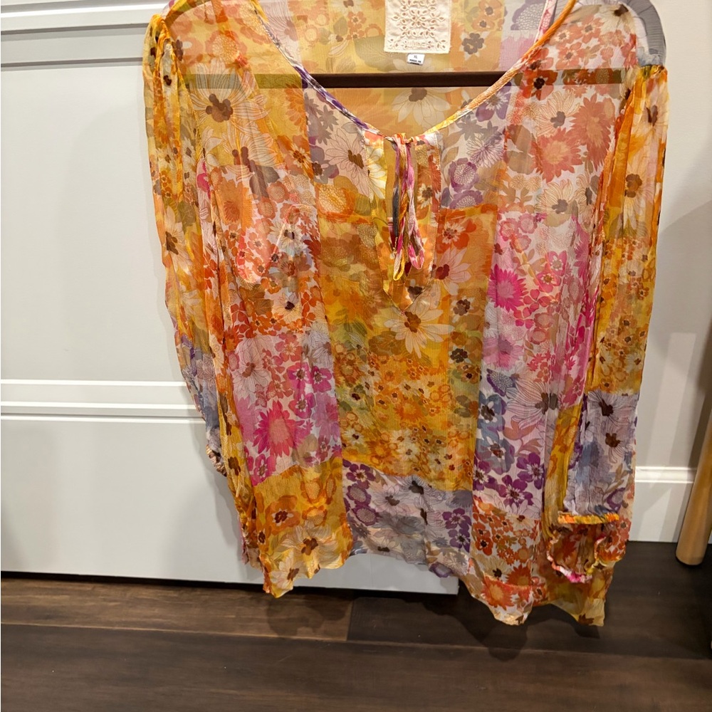 JOHNNY WAS Floral Patchwork Sheer Blouse in Yellow, Pink, Purplec